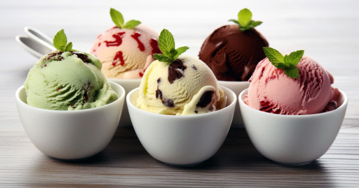 five flavors of ice cream in bowls