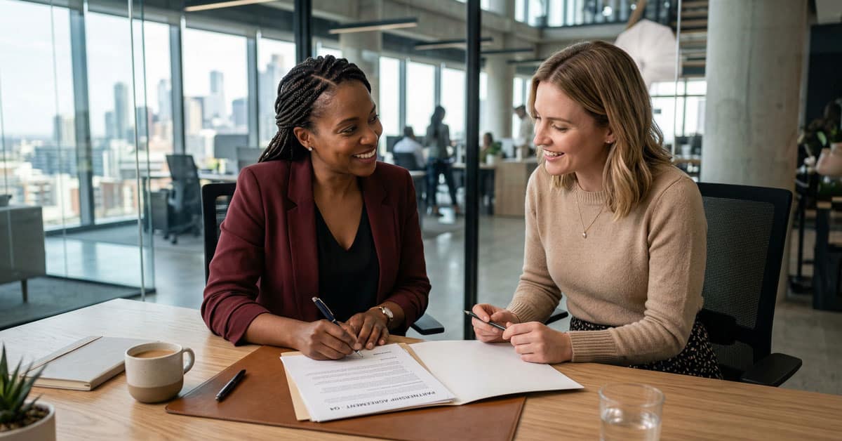 Two businesswomen sit at a desk signing documents and discussing ideas in a modern office space with a city view.